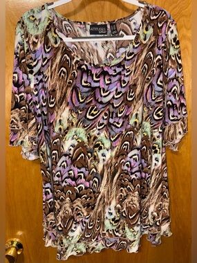 Attitudes by Renee purple/brown printed Como Jersey double layered top Size 2X